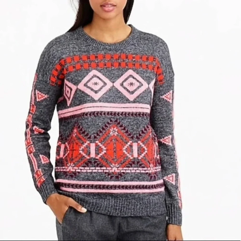 J. CREW Gray and Red Patterned Women's Sweater 🌺 40% WOOL ✅
